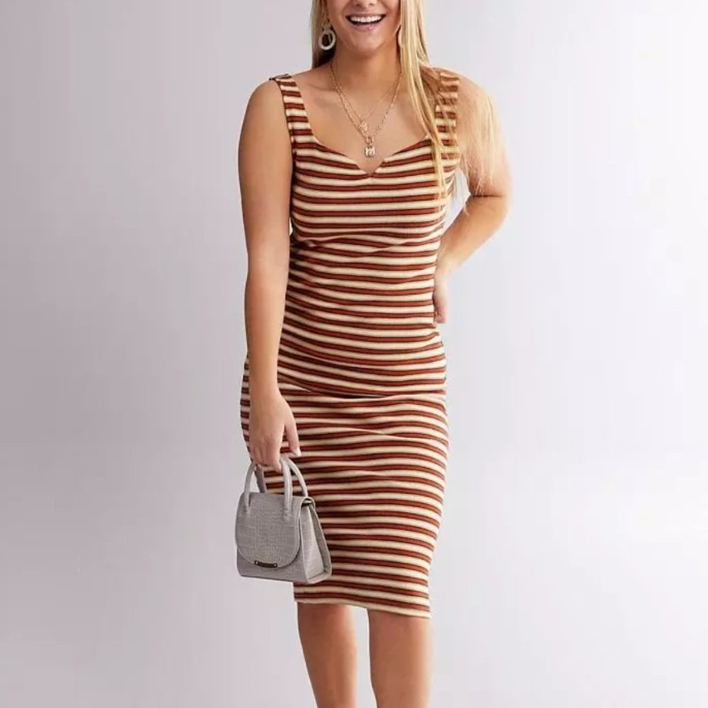 Billabong Night Magic Striped Midi Dress Size M Ribbed Knit Body Con Brown